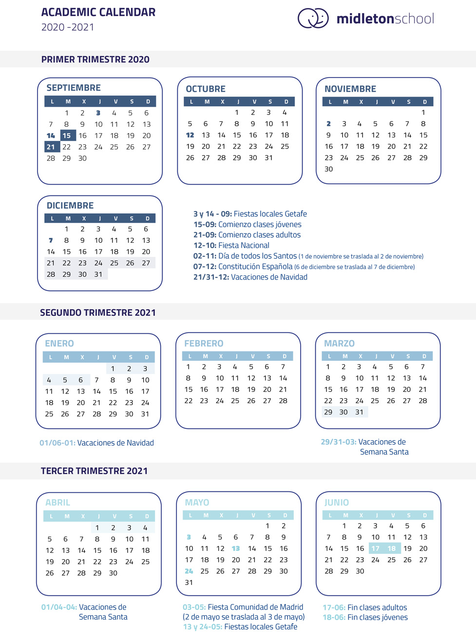 Calendario Academico Cursos De Ingles Midleton School